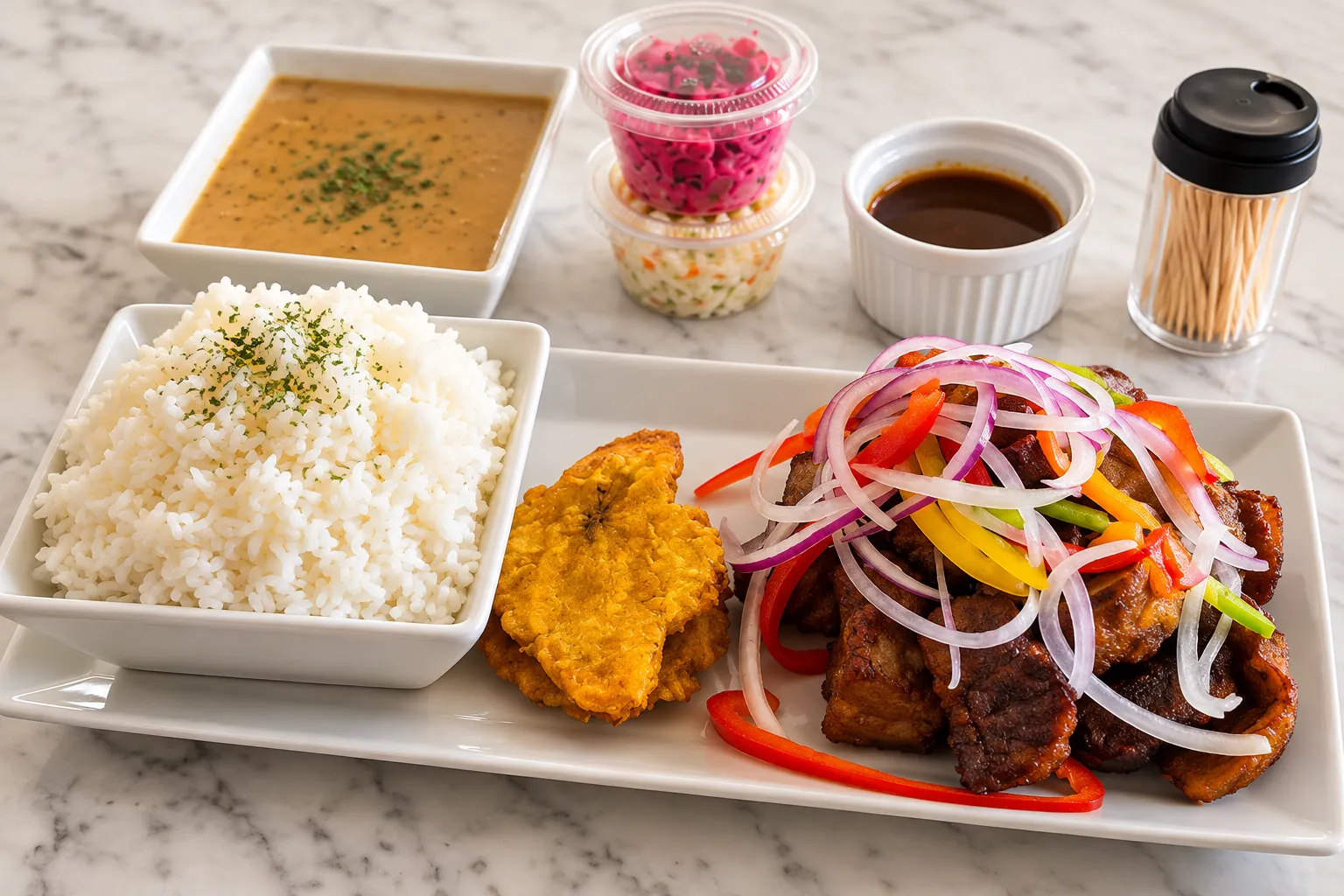Fried meat plate with griot, rice and spicy coleslaw at Caribbean Latino Finger Licking Restaurant Edmonton